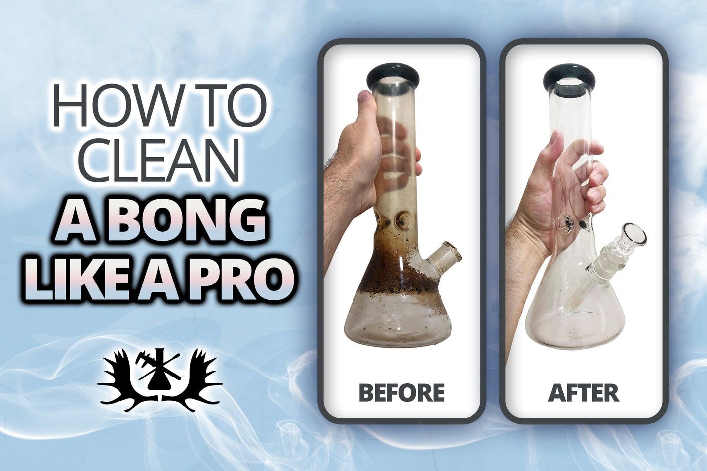 Comparison of a dirty glass bong before and after a deep cleaning, showing clear results.