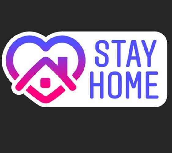 A purple and pink heart icon containing a house silhouette next to the text Stay Home on a dark background.