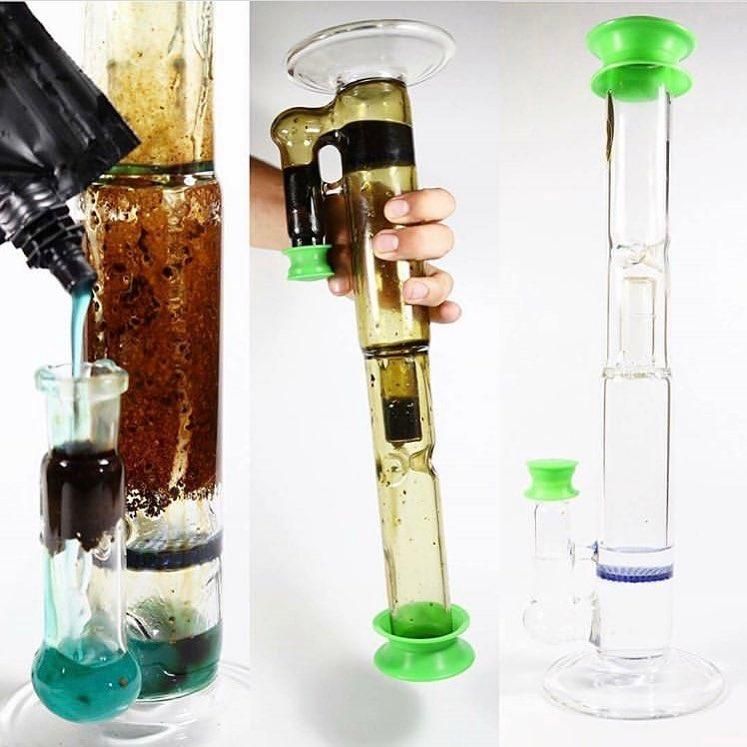 Three-part sequence showing a dirty glass bong being cleaned with blue solution and rinsed until sparkling clear.