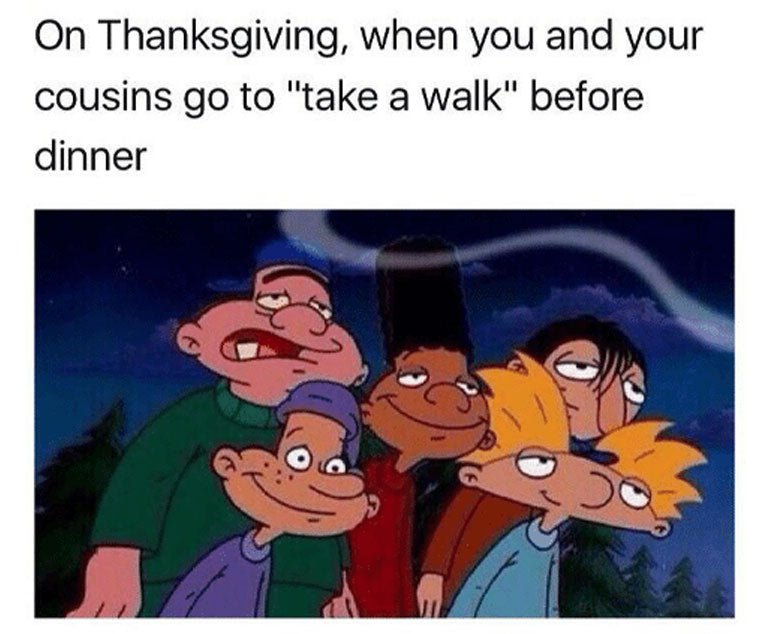 Hey Arnold characters looking dazed and smiling together under a wisp of smoke at night.