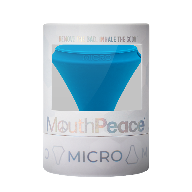 Blue mouthpiece in a white container with 'MouthPeace' branding on a white background