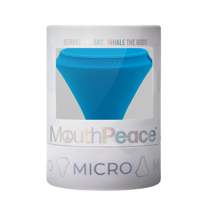 Blue mouthpiece in a white container with 'MouthPeace' branding on a white background