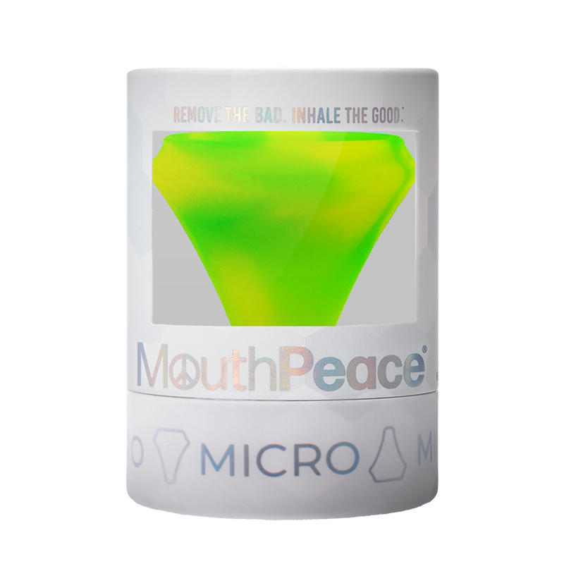 MouthPeace Micro device packaging with a green silicone cone on a white background