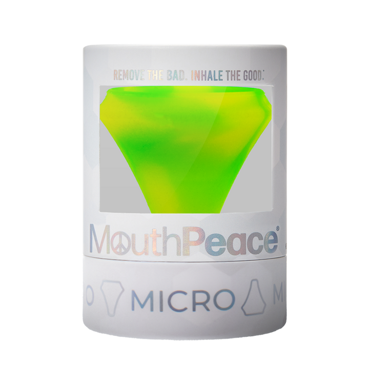 MouthPeace Micro device packaging with a green silicone cone on a white background