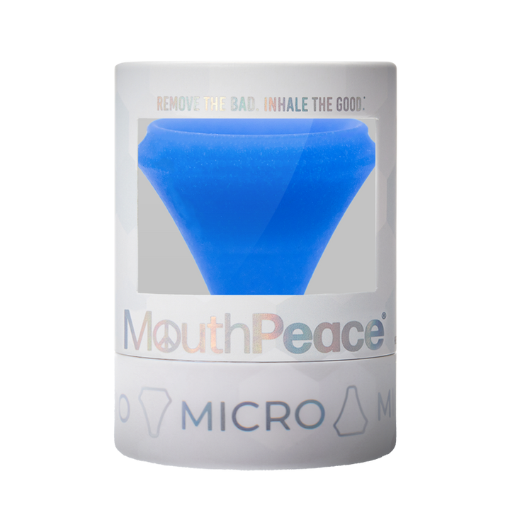 Blue mouthpiece in a transparent packaging with 'MouthPeace' branding on a white background.