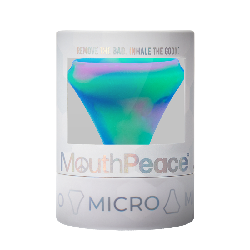 MouthPeace Micro device packaging with a colorful funnel inside on a white background