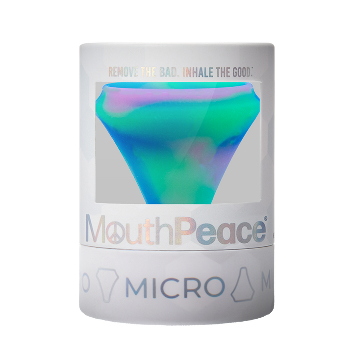 MouthPeace Micro device packaging with a colorful funnel inside on a white background