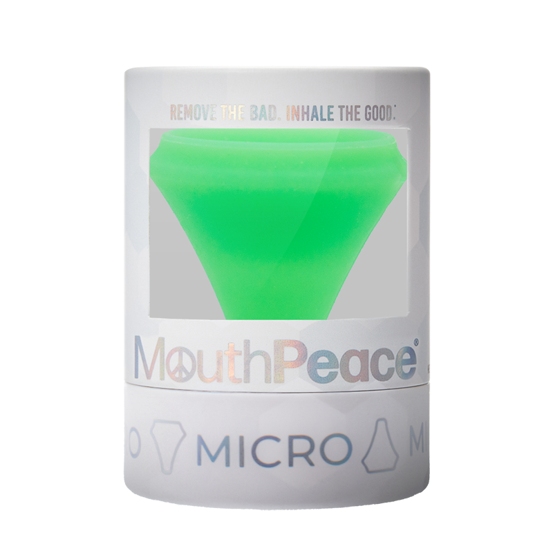 MouthPeace Micro device packaging with a green silicone cone on a white background