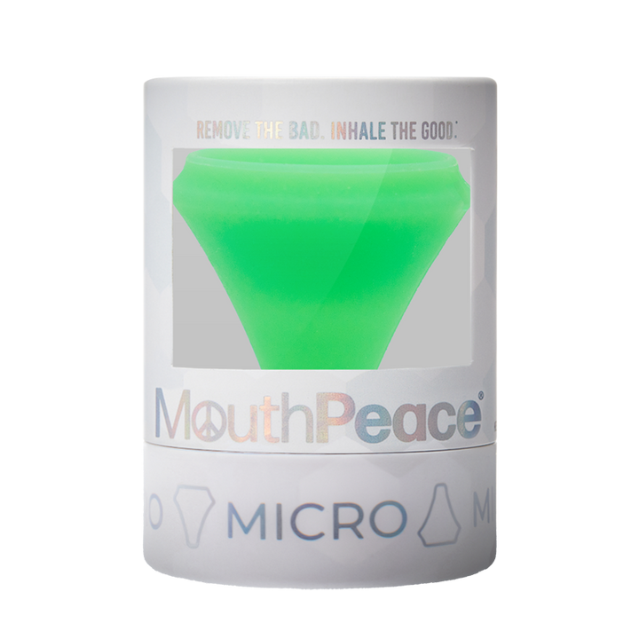 MouthPeace Micro device packaging with a green silicone cone on a white background