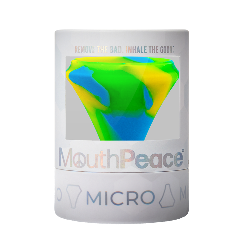 MouthPeace Micro device packaging with colorful design on a white background