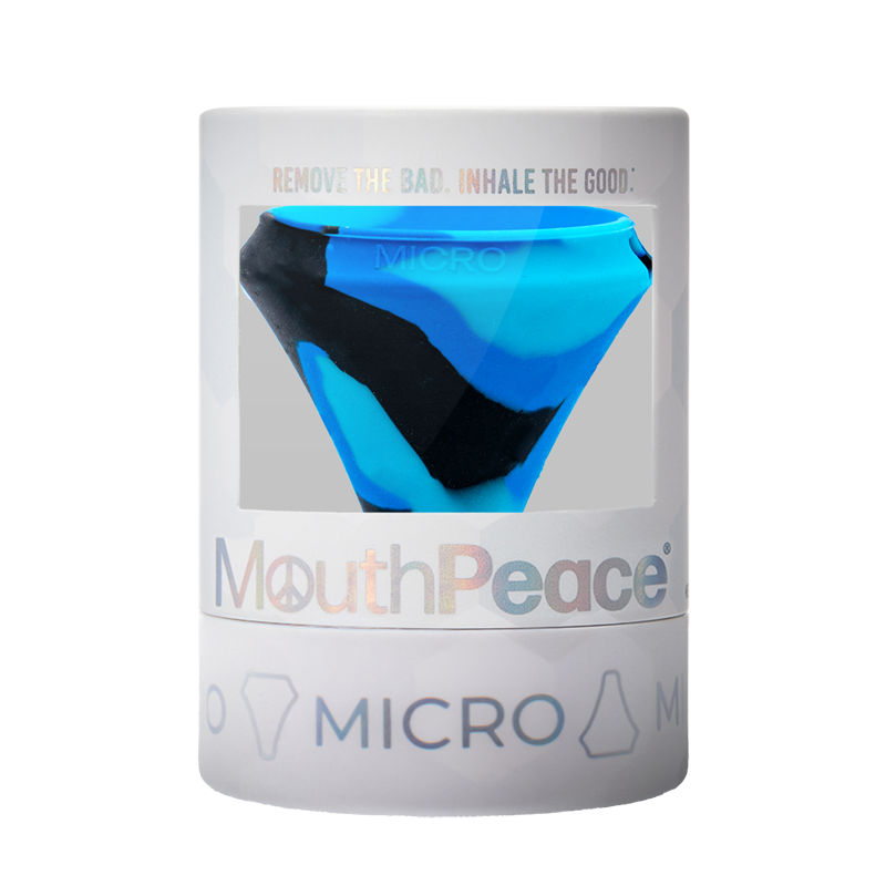 MouthPeace Micro product packaging with blue and black device on a white background