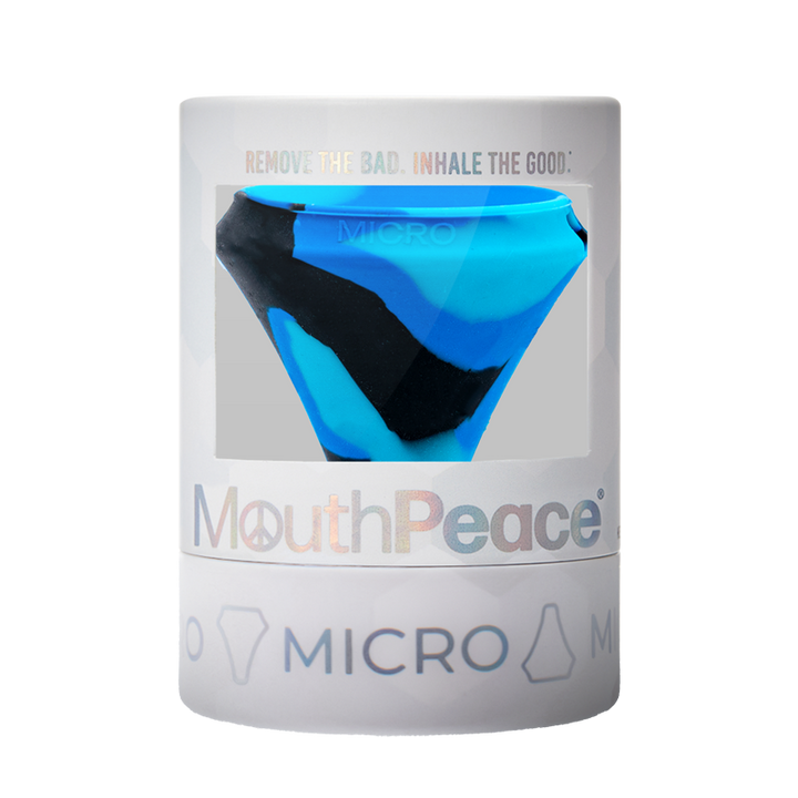 MouthPeace Micro product packaging with blue and black device on a white background