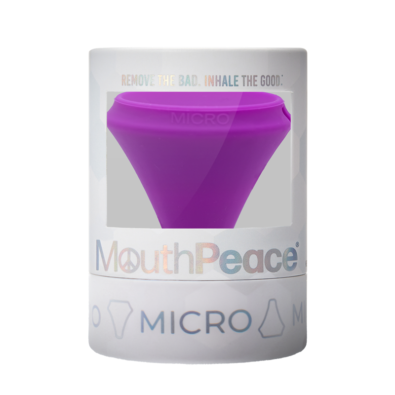 Purple mouthpiece in a transparent packaging with 'MouthPeace' branding on a white background